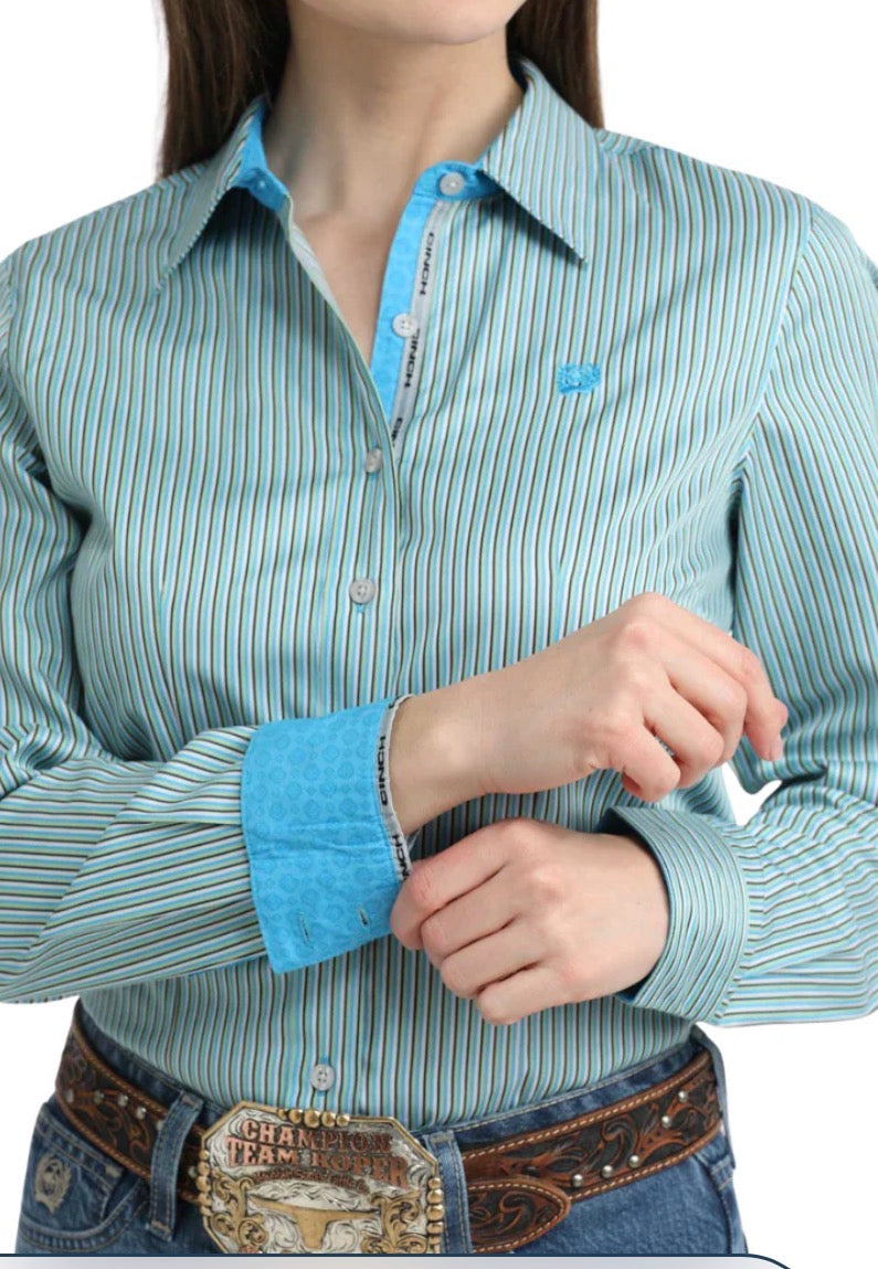 Cinch Ladies Longsleeved Shirt-Blue Stripe Tencel
