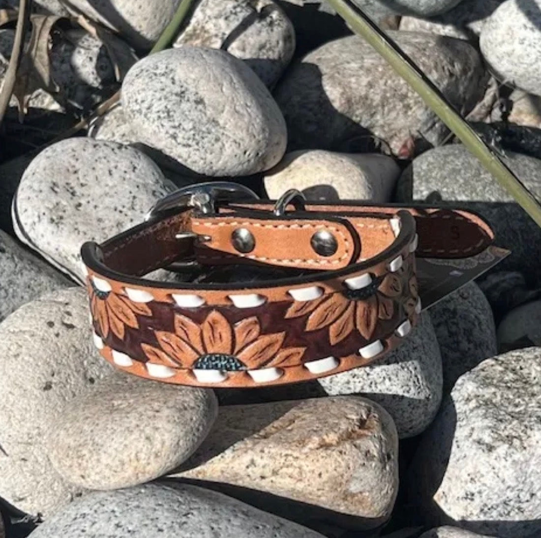 Leather Dog Collar-Turquoise Sunflower w/Buckstitching