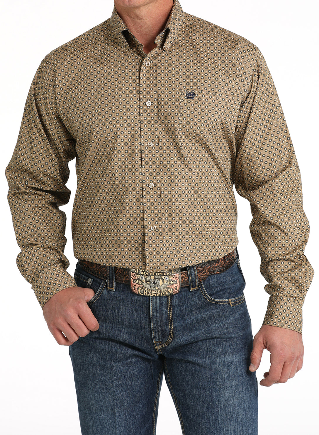 Cinch Men’s Longsleeved Shirt-Warm Tan Print