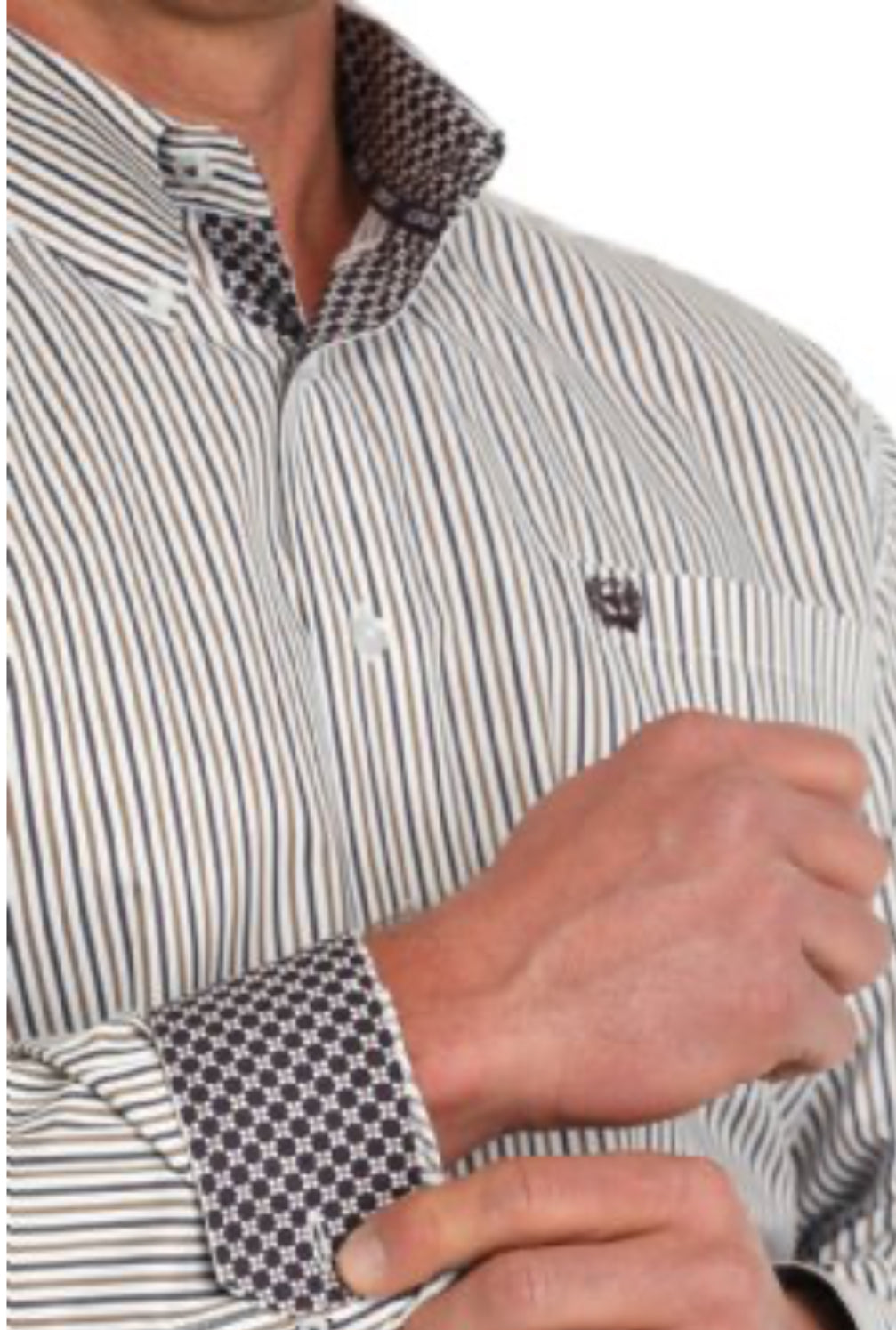 Cinch Mens Tencel Longsleeved Shirt-Wh/Khaki/Bk Stripe