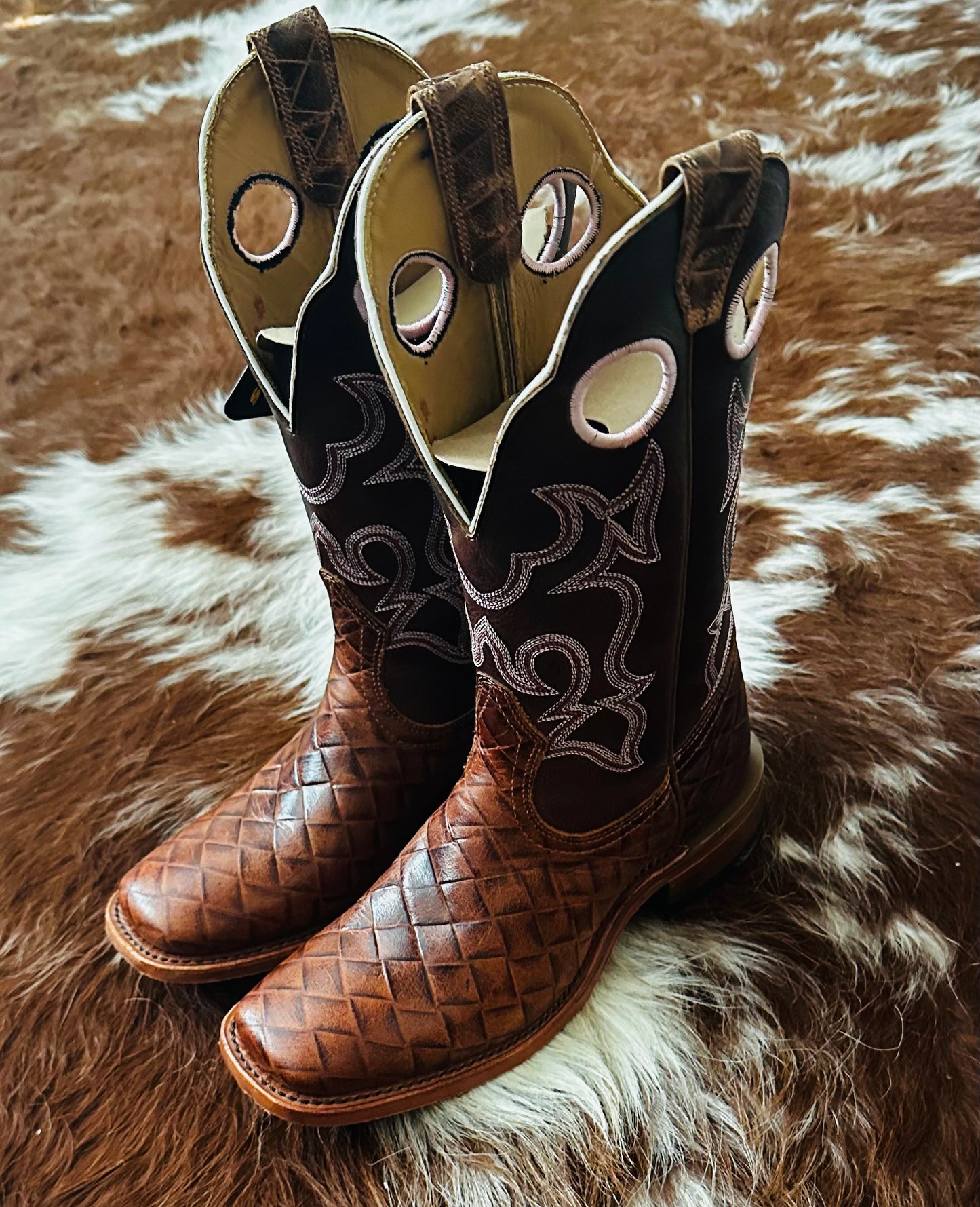 Ladies Boulet Boot #2929-Big Woven Cognac 12"