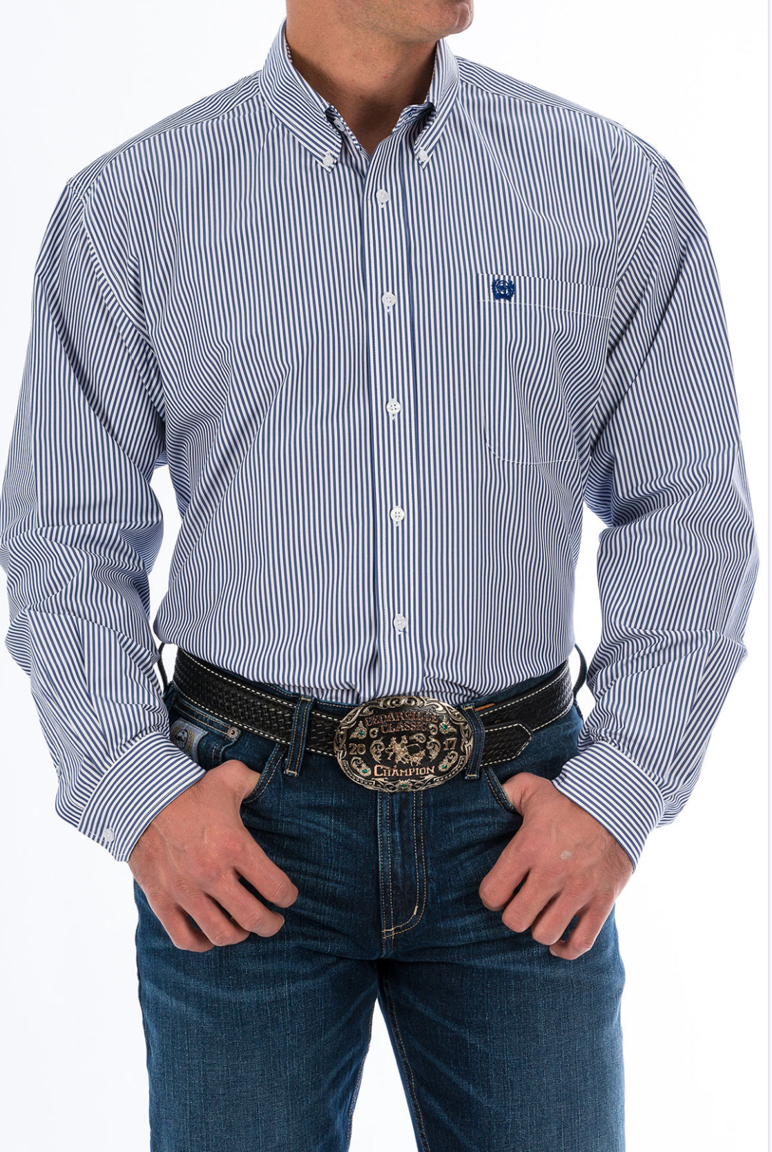 Men’s Cinch Tencel Longsleeved Shirt-Navy Stripe