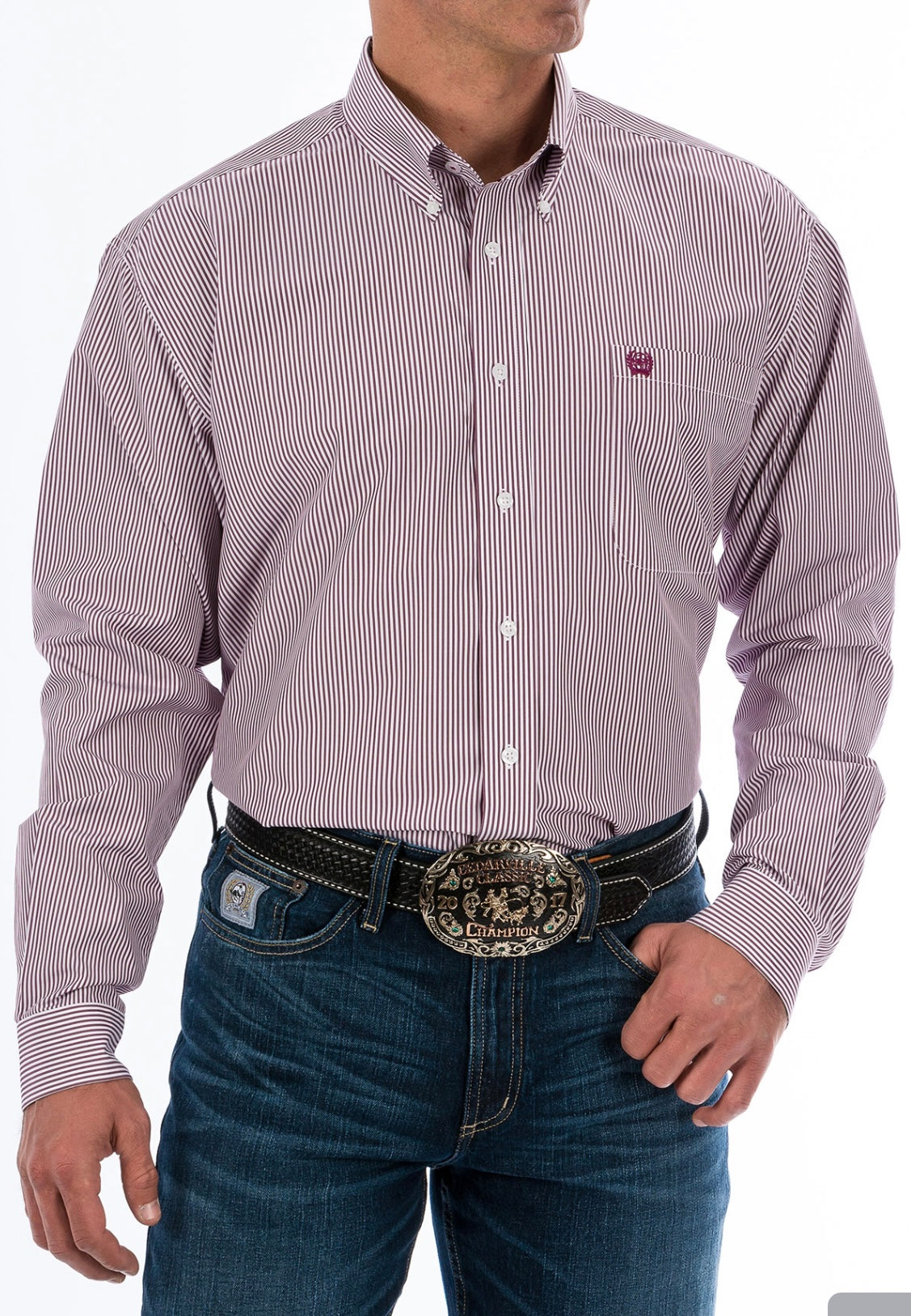 Cinch Mens Tencel Longsleeved Shirt-Burgundy Stripe