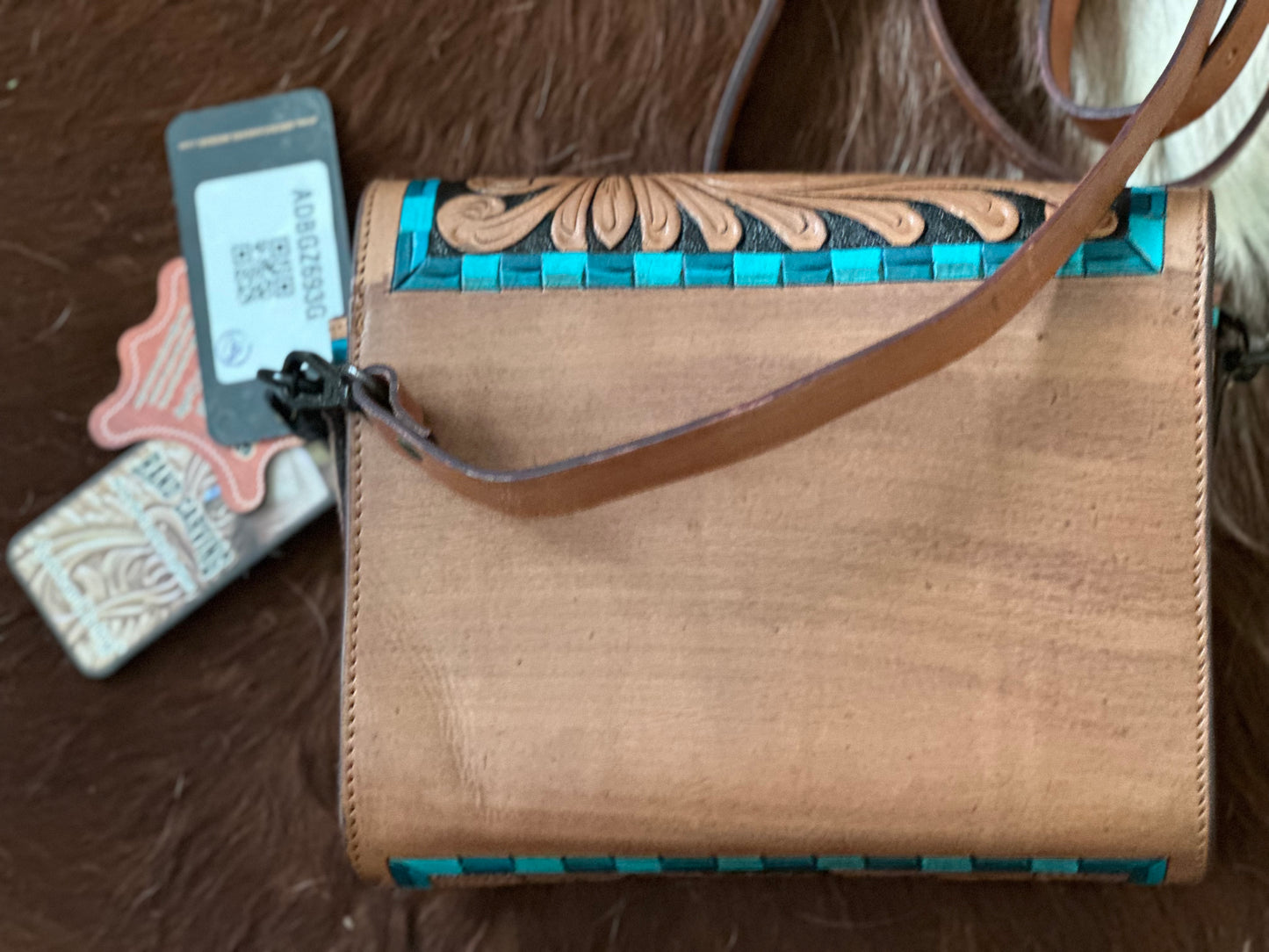 Crossbody Tooled Leather/Turquoise Accents Bag