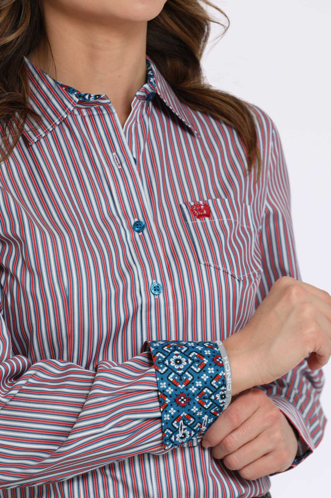 Ladies Cinch Tencel Longsleeved Shirt-RWB Stripe