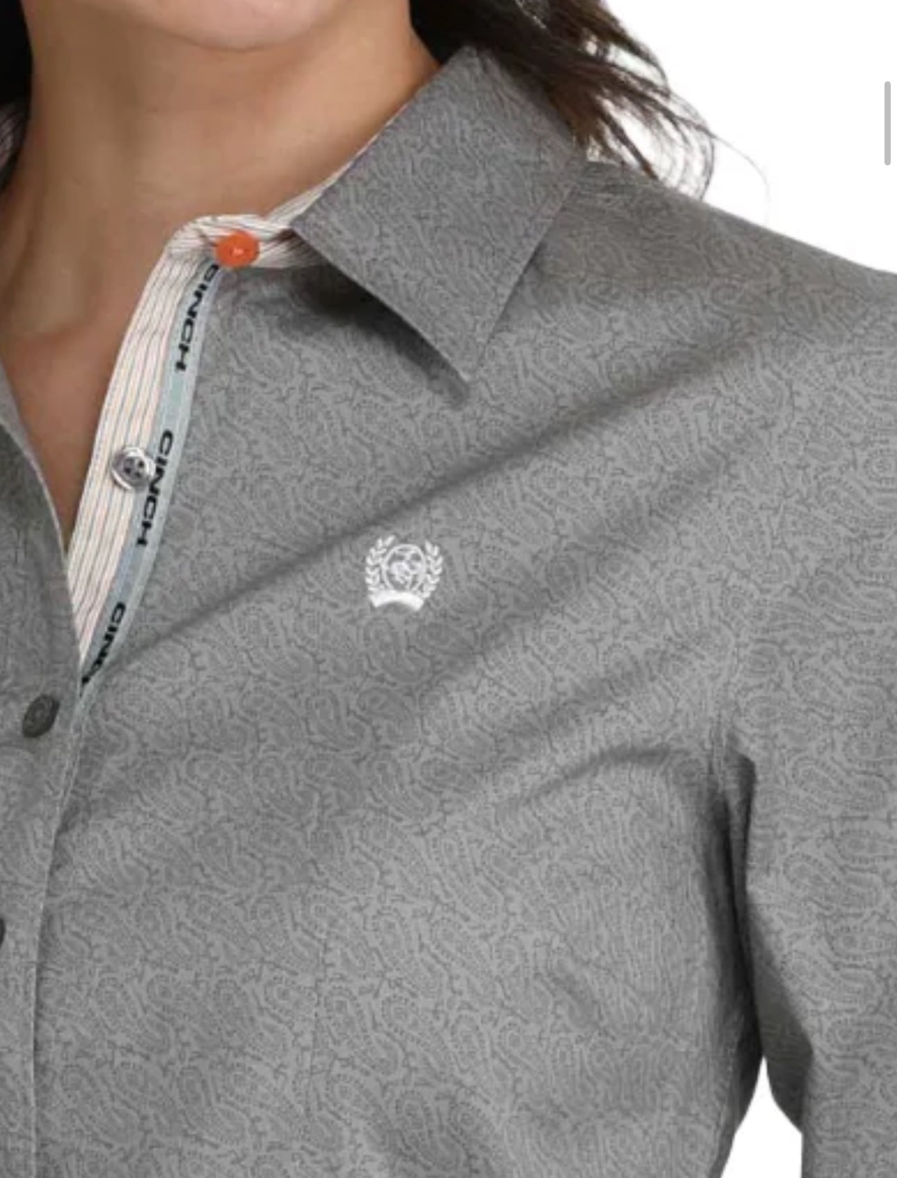 Ladies Cinch Cotton Longsleeved Shirt-Gray Paisley