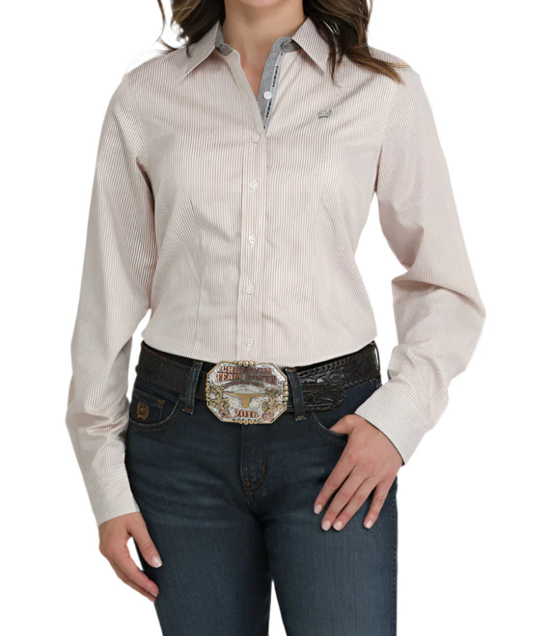 Ladies Cinch TENCEL Longsleeved Shirt-Gray/Orange Stripe