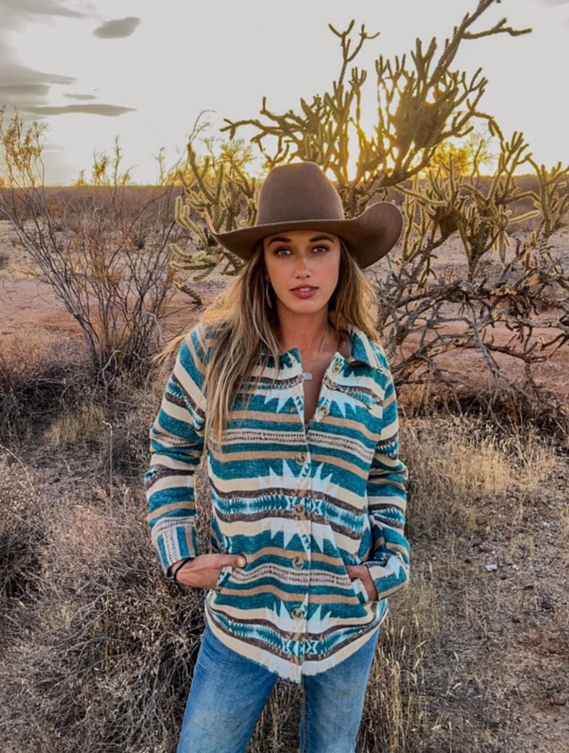 Aztec Coat w/Blanket Stitching in Turquoise