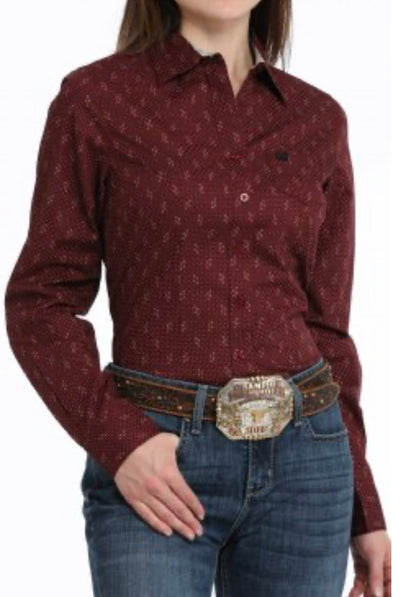 Ladies 100% Cotton Longsleeved Shirt-Burgundy Print