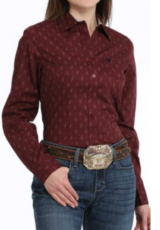 Ladies 100% Cotton Longsleeved Shirt-Burgundy Print