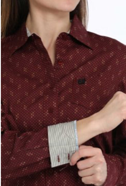 Ladies 100% Cotton Longsleeved Shirt-Burgundy Print