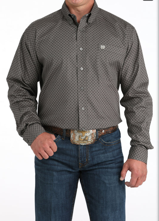 Men’s Cinch Cotton Longsleeved Shirt-Gray/Black Print