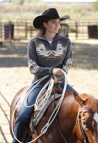 Cinch Ladies Charcoal Aztec Print Mock Neck Sweater
