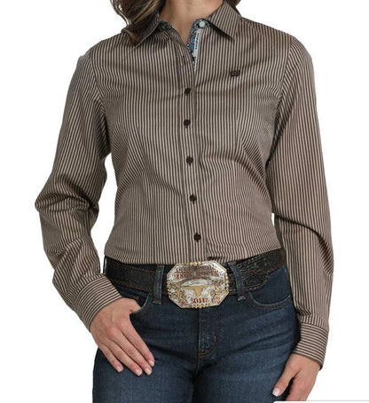 Cinch Ladies Longsleeved Shirt- Brown Stripe Tencel