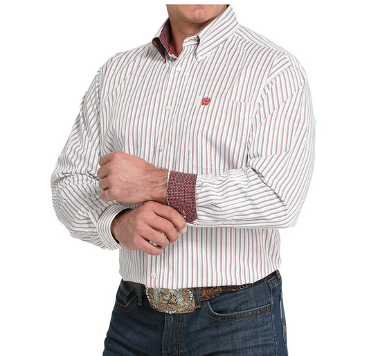 Cinch Men's Longsleeved Shirt-White/Dark Red Tencel