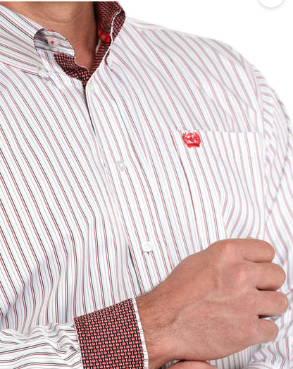 Cinch Men's Longsleeved Shirt-White/Dark Red Tencel