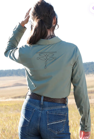 Cruel Denim Snap Western Shirt-Sage Green