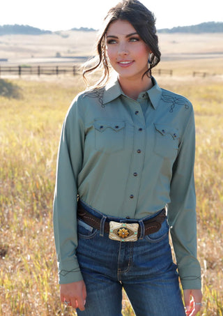 Cruel Denim Snap Western Shirt-Sage Green