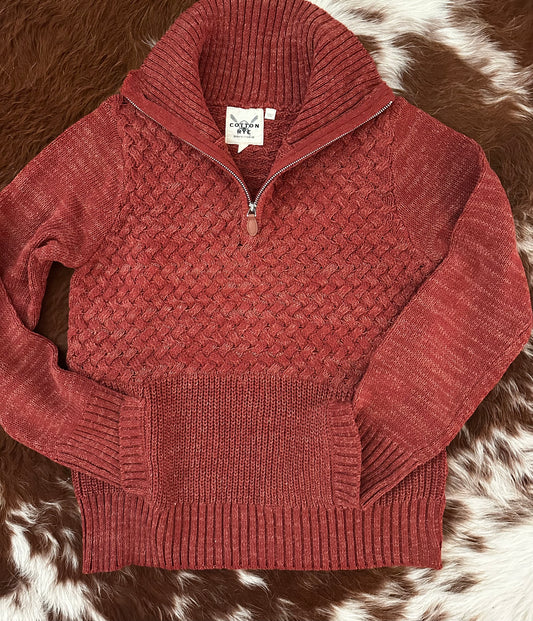 1/2 Zip Cable Knit Sweater in Rust