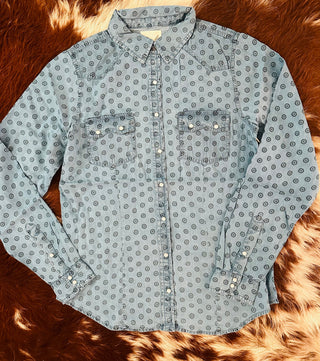 Medallion Print Longsleeved Snap Denim Shirt