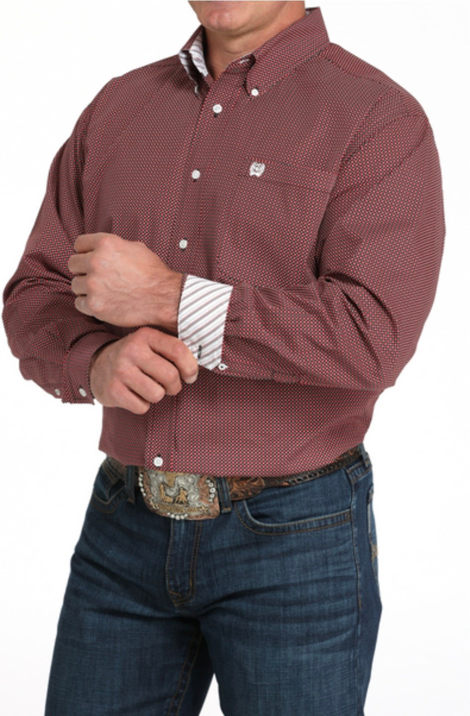 Cinch Men's Longsleeved Shirt-Dark Red Mini Print