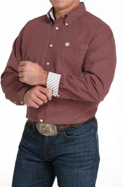 Cinch Men's Longsleeved Shirt-Dark Red Mini Print