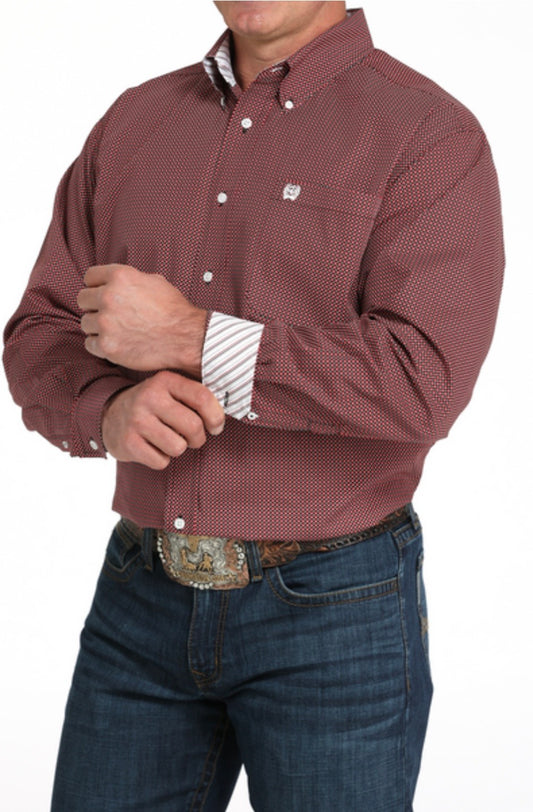 Cinch Men's Longsleeved Shirt-Dark Red Mini Print