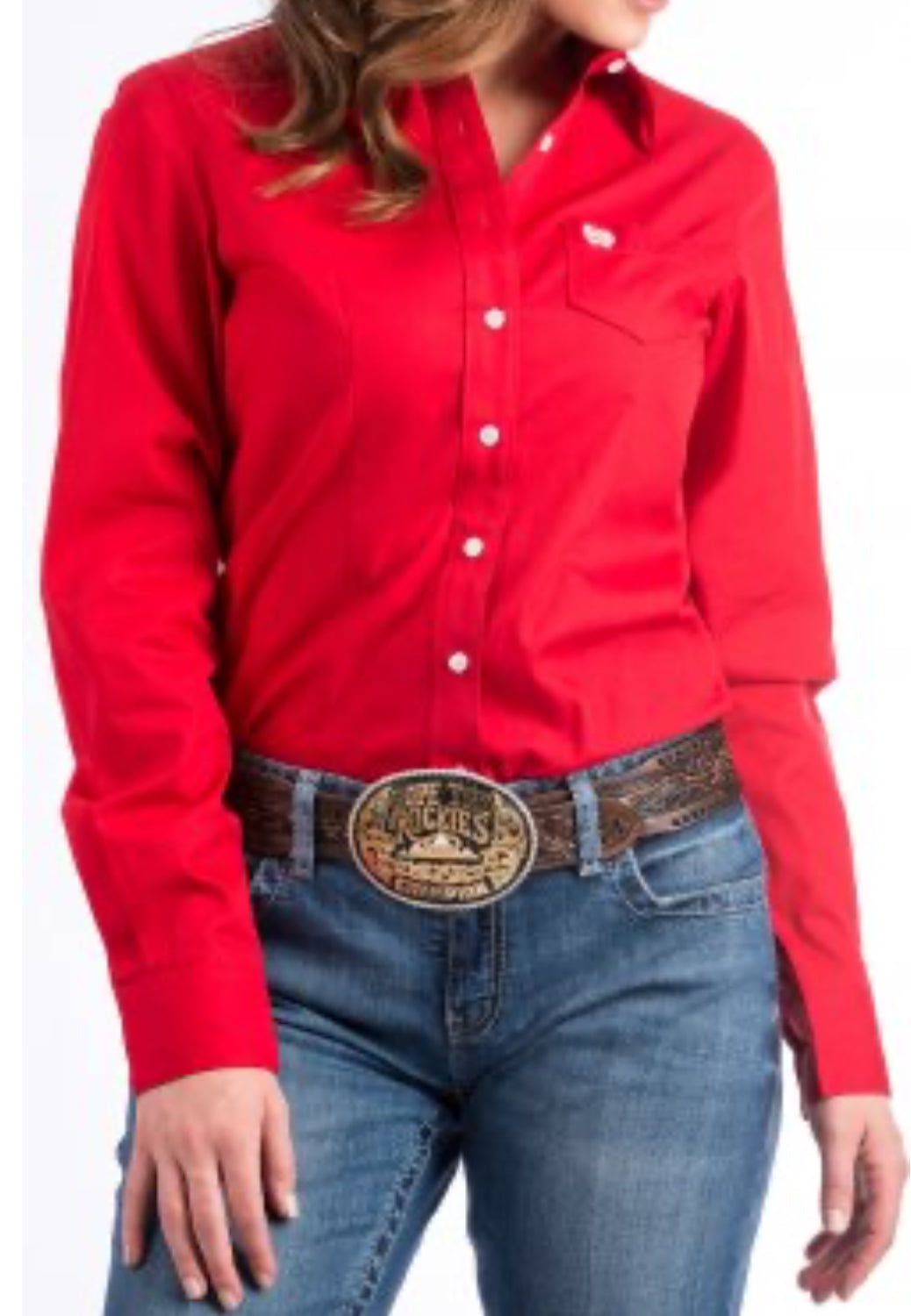 Ladies 100% Cotton Longsleeved Shirt-Red