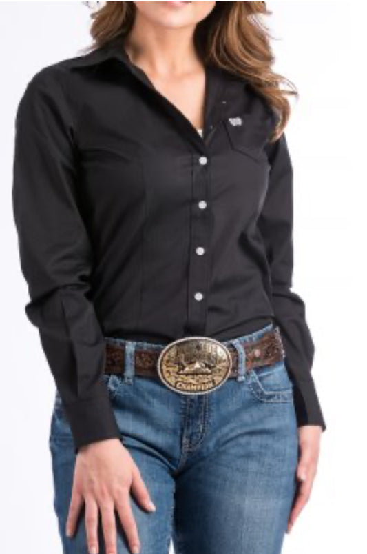 Ladies 100% Cotton Longsleeved Shirt-Black