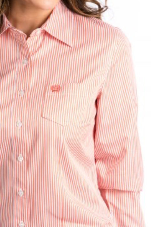 Ladies TENCEL Longsleeved Shirt-Orange Stripe