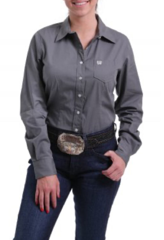 Ladies 100% Cotton Longsleeved Shirt-Gray