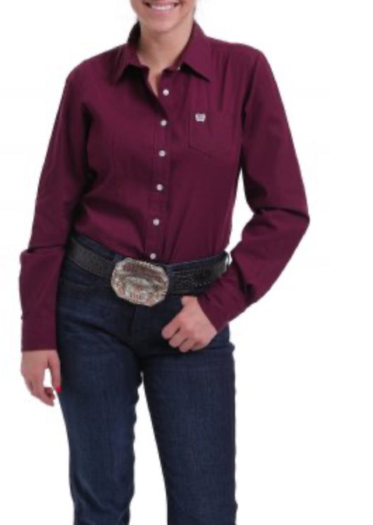 Ladies 100% Cotton Longsleeved Shirt-Burgundy