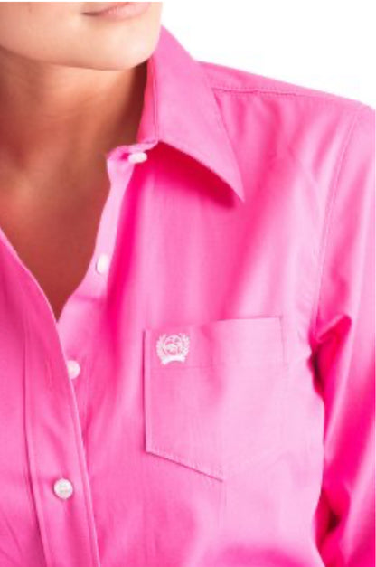 Ladies 100% Cotton Longsleeved Shirt-Bright Pink