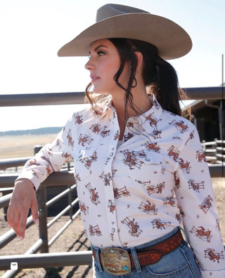 Buckin' Bronco Western Snap Shirt-Cream/Brown