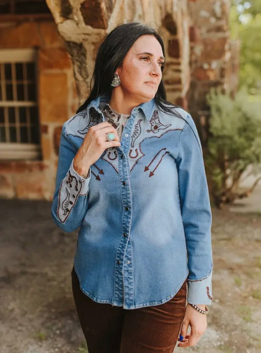 The Claudia Stretch Denim Western Snap Shirt