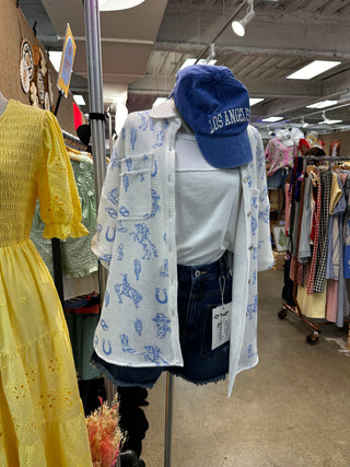 Western Graphic Waffle Weave Blouse