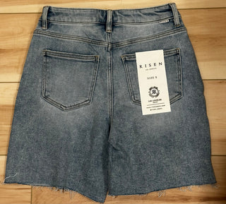 Risen High Rise Mid-Length Raw Cut Hem Shorts
