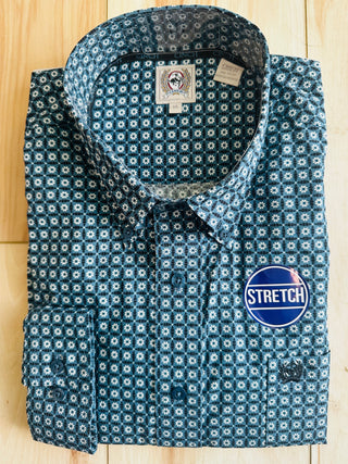 Cinch Stretch Cotton Longsleeved Shirt-Teal Blue Print