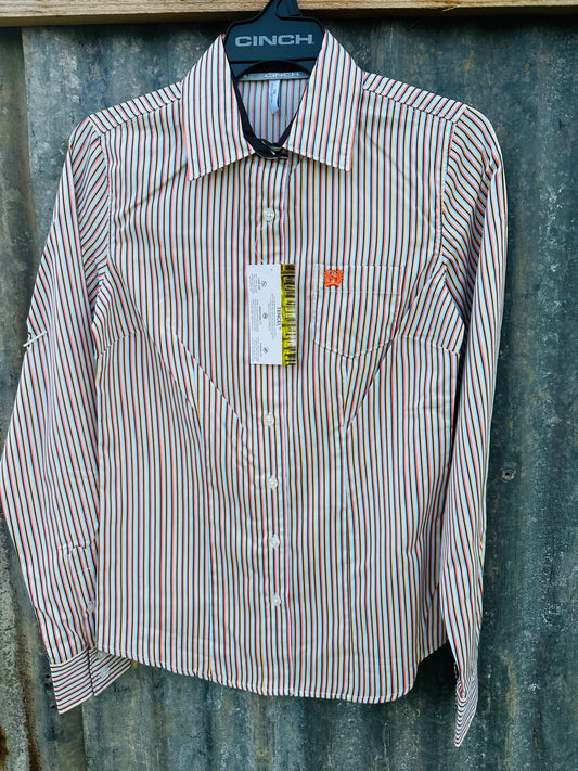 Cinch Ladies Tencel Shirt-White/Brown/Multi Stripe