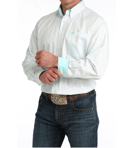 Cinch Men’s Tencel Shirt-White/Aqua/Brown