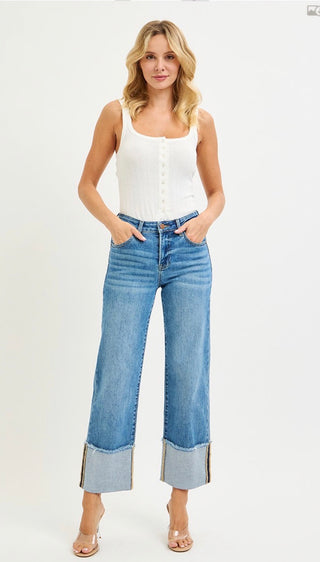 Risen Mid Rise Wide Cuffed Jeans-Medium Wash