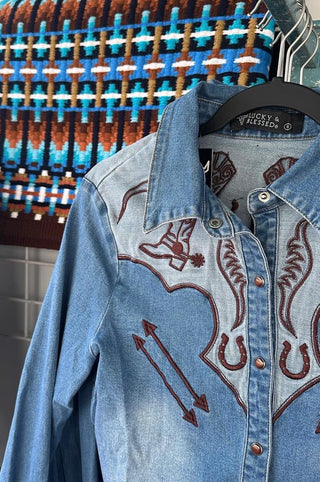 Lucky & Blessed Stretch Denim/Embroidered