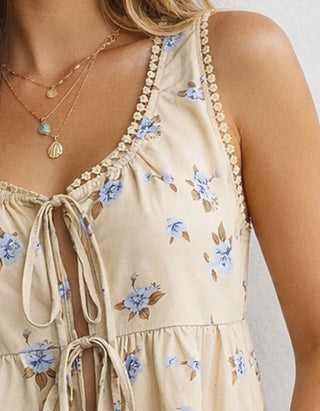 Boho Floral Print Tie Front Sleeveless Top