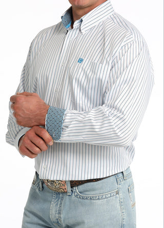 Men's Cinch Tencel Shirt-White/Aqua Stripe