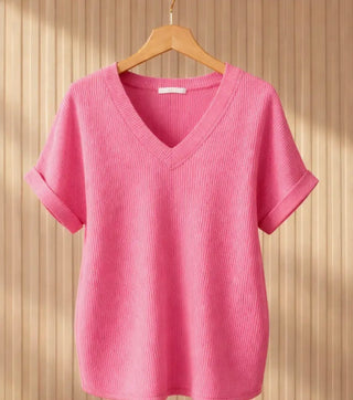 Ribbed V-Neck Short Sleeve Tunic Top -Asst Colors