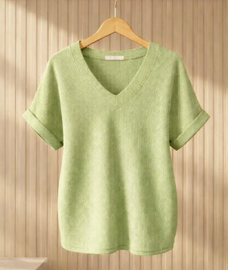 Ribbed V-Neck Short Sleeve Tunic Top -Asst Colors
