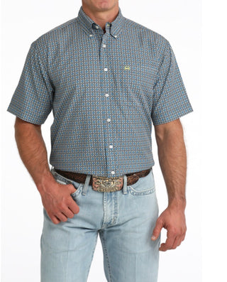 Men's Cinch Arenaflex Short Sleeve Shirt-Blue Geometric Print