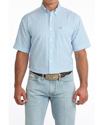 Men's Cinch Arenaflex Short Sleeve Shirt-Light Blue Geometric Print