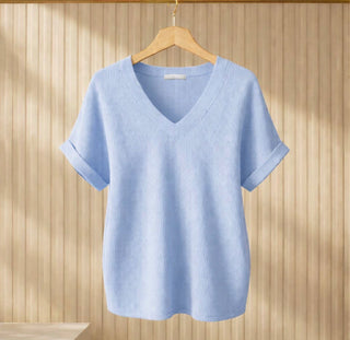 Ribbed V-Neck Short Sleeve Tunic Top -Asst Colors
