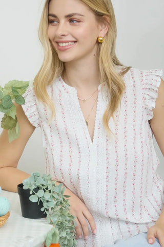 Abby Stripe Floral Garland Ruffle Sleeve Top in Pink/White